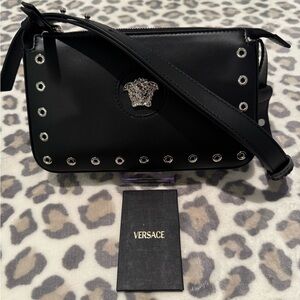 Versace Black Leather Crossbody with Silver Medusa Head Stud Accents